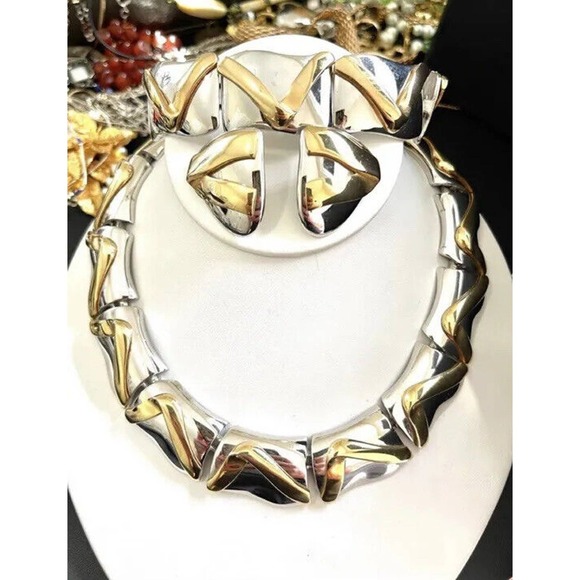 MORGAN TAYLOR Necklace Bracelet Earrings Signed Mixed Metals Jewelry Set Vtg A28 - Picture 1 of 5
